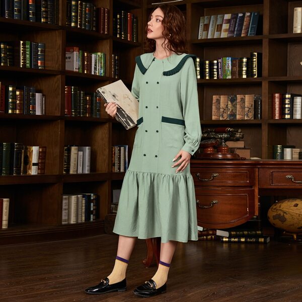 

Frill Detail Peter-pan Collar Patch Pocket Smock Dress, Mint green