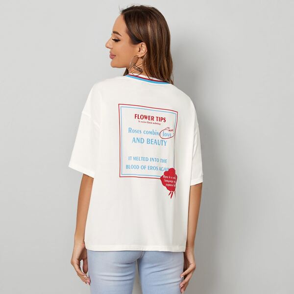 

Drop Shoulder Striped Neck Slogan Graphic Tee, White