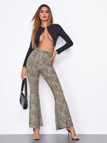SHEIN Flare Leg Leopard Trousers - Multicolor - View 3