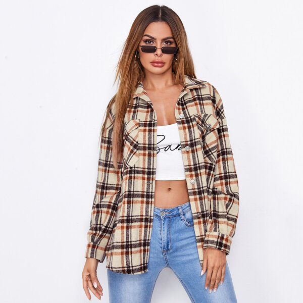 

Flap Pocket Front Plaid Coat, Multicolor