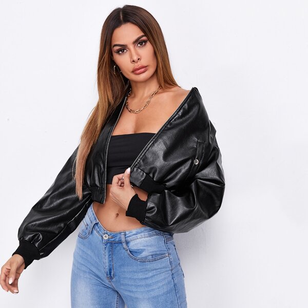 

Drop Shoulder PU Leather Crop Jacket, Black
