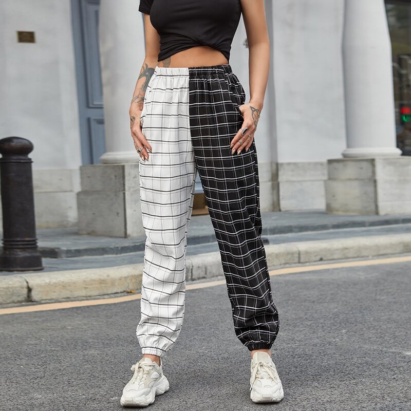 

Two Tone Plaid Print Tapered Pants, Black and white