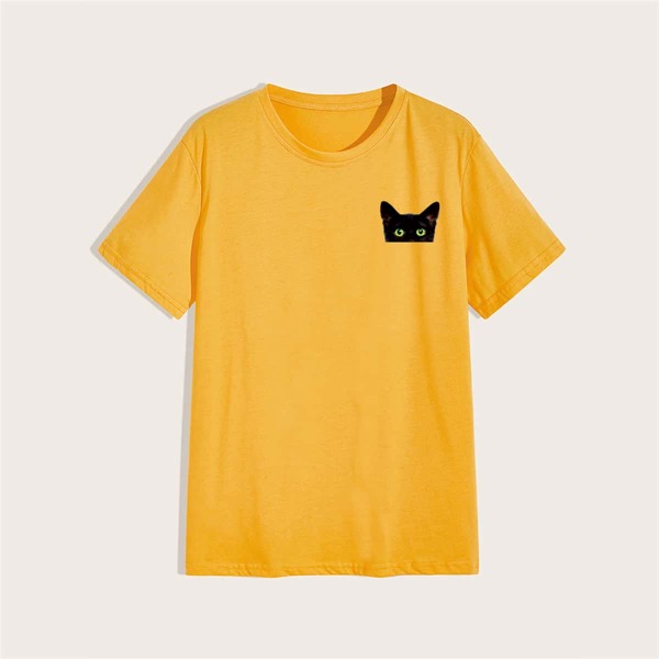 

Men Cat Print Round Neck Tee, Mustard yellow