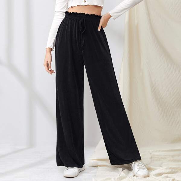

Solid Paper Bag Waist Drawstring Waist Pants, Black