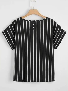SHEIN LUNE Plus Rolled Sleeve Striped Top - Black - View 2