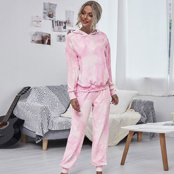 

Tie Dye Print Kangaroo Pocket Hoodie & Sweatpants, Baby pink