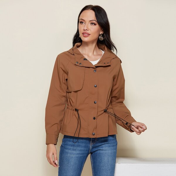 

Drawstring Waist Hooded Jacket, Apricot