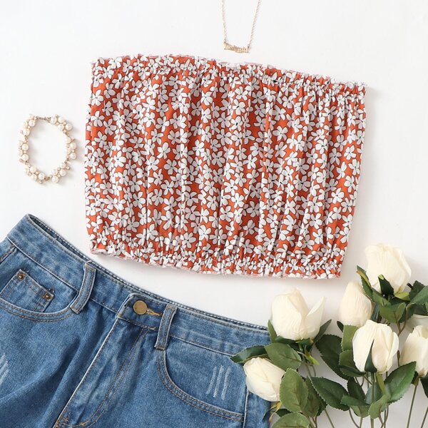 

Frill Trim Ditsy Floral Tube Top, Orange