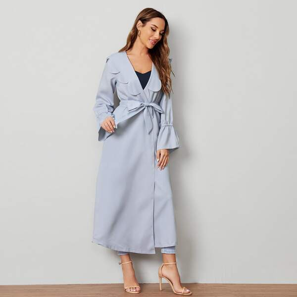

Scallop Trim Drawstring Sleeve Belted Coat, Light grey