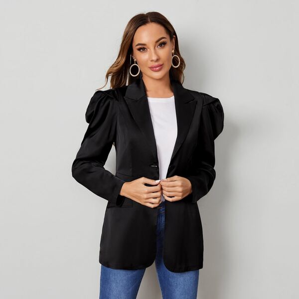 

Leg-of-mutton Sleeve Single Button Blazer, Black