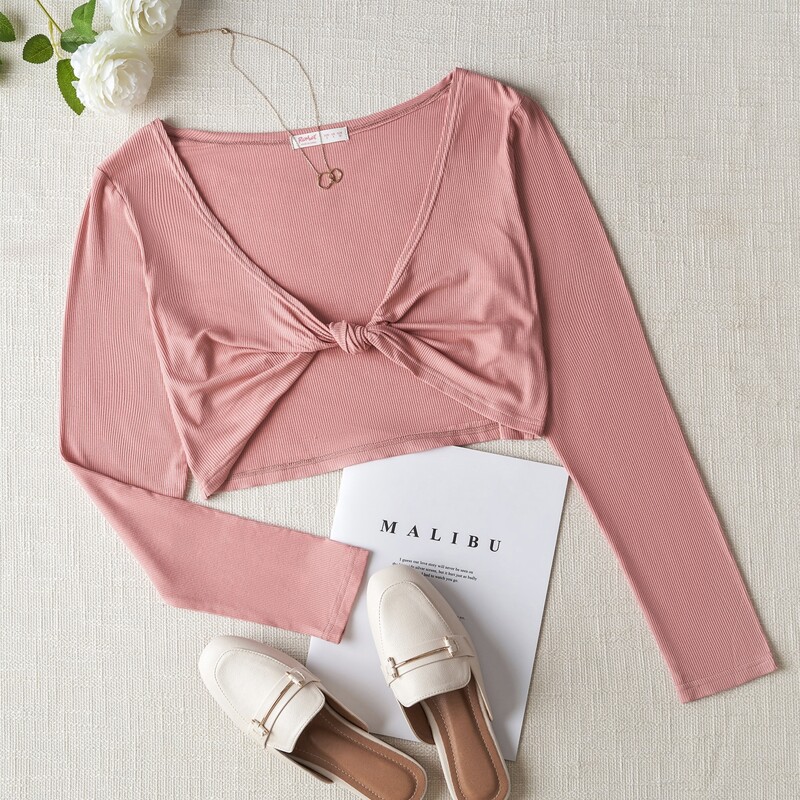 

Twist Front Ribbed Crop Top, Coral pink
