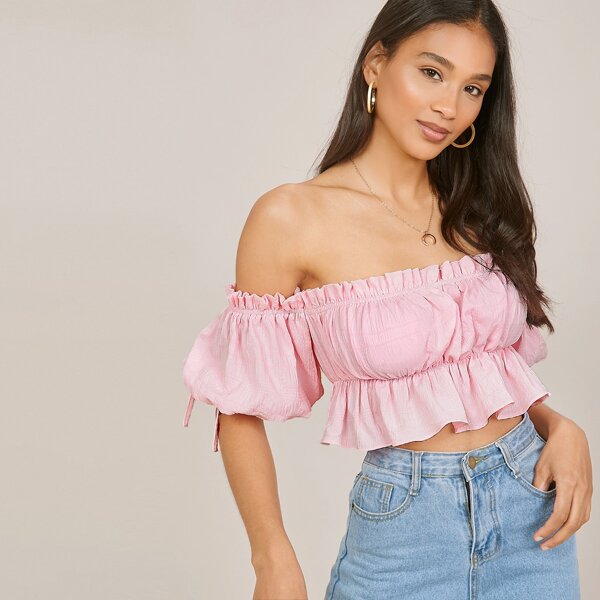 

Off Shoulder Frill Trim Crop Top, Baby pink