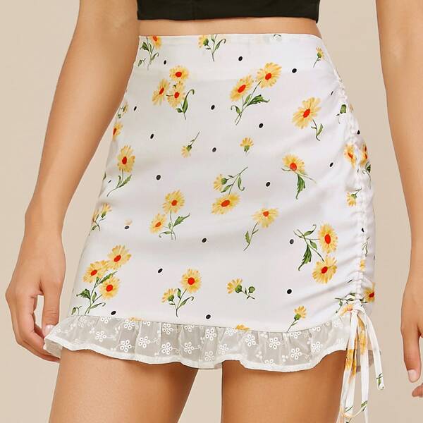

Drawstring Side Eyelet Embroidered Ruffle Hem Floral Skirt, White