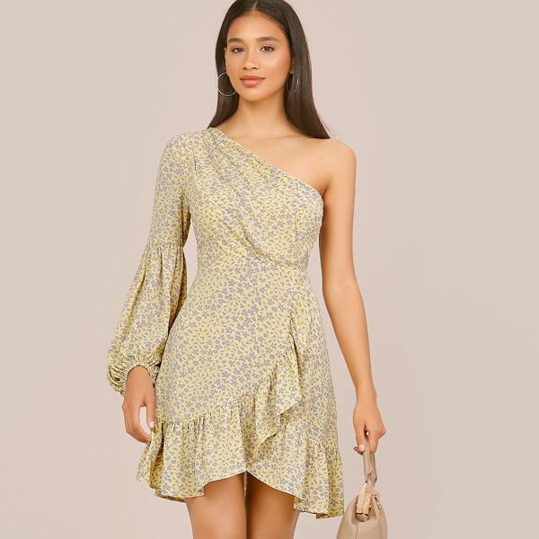 

One Shoulder Ruffle Trim Ditsy Floral Dress, Multicolor