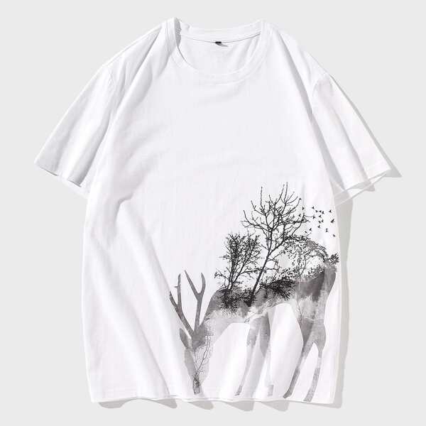

Men Forest And Deer Print Tee, White