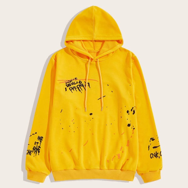 

Plus Splatter And Letter Print Hoodie, Yellow
