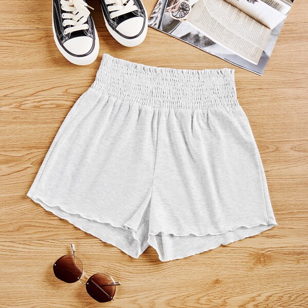 

Plus Solid Shirred Waist Shorts, Light grey