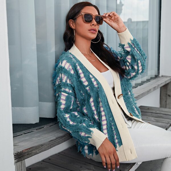 

Button Front Frayed Fringes Cardigan, Multicolor