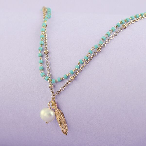 

Layered Beaded Necklace Pearl And Feather Charm, Multicolor