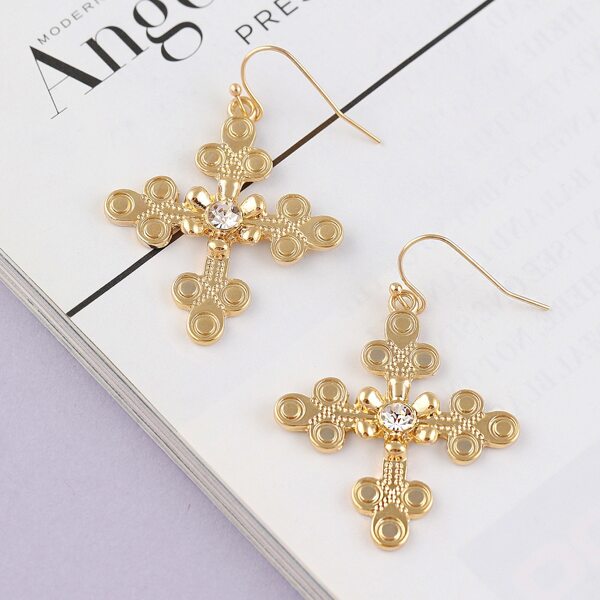 

1pair Rhinestone Center Cross Earrings, Gold