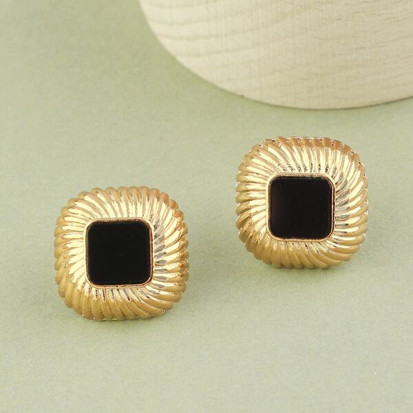 

1pair Solid Square Center Wavy Stud Earrings, Black