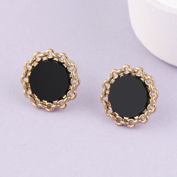 

1pair Solid Center Chain Link Detail Stud Earrings, Black