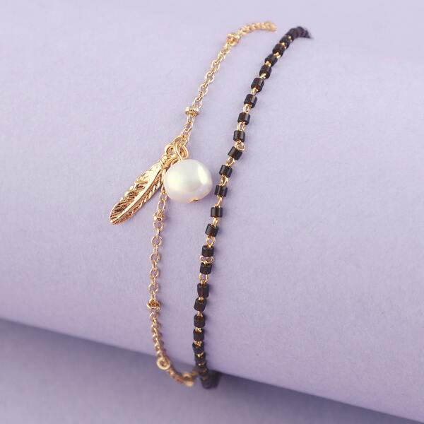 

Layered Beaded Bracelet Pearl And Feather Charm, Black