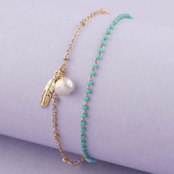 

Layered Beaded Bracelet Pearl And Feather Charm, Multicolor