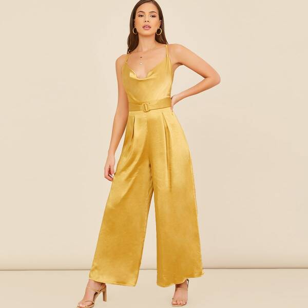

Cowl Neck Spaghetti Strap Satin Jumpsuit, Mustard yellow