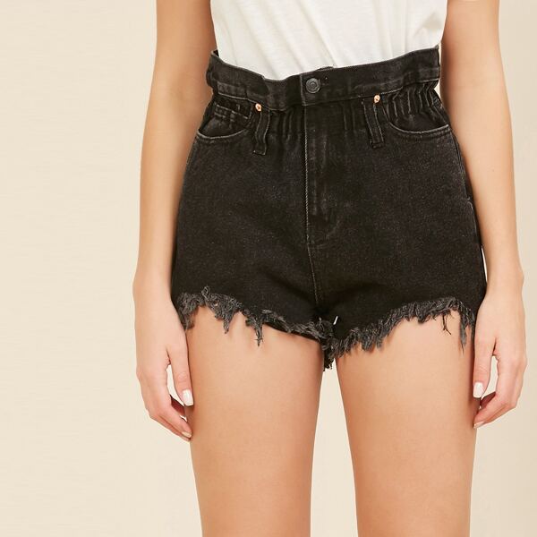 

Paper Bag Waist Raw Hem Denim Shorts, Black