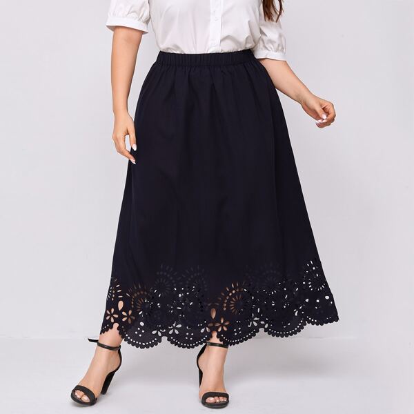 

Plus Elastic Waist Laser Cut Hem Skirt, Black