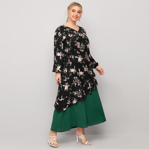 

Plus Floral Print Contrast Panel A-line Dress, Multicolor