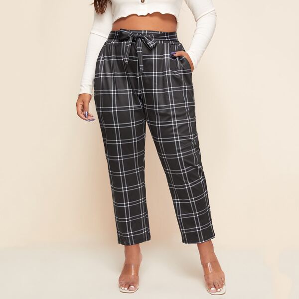 

Plus Plaid Self Tie Straight Leg Pants, Black