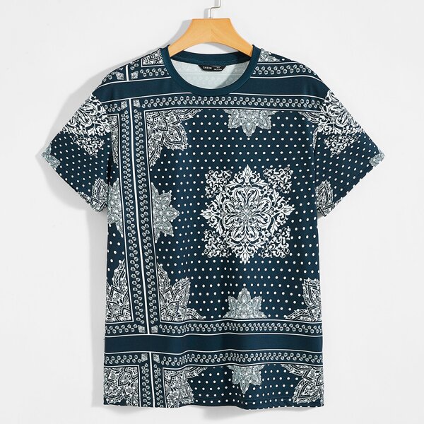 

Men Baroque and Polka Dot Print Top, Blue and white