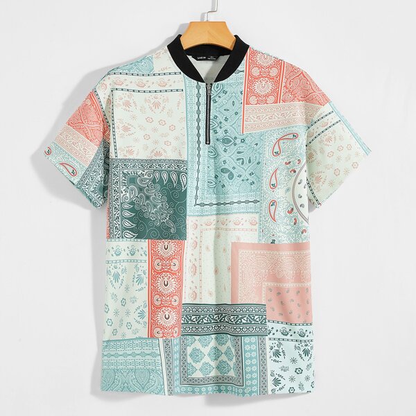 

Men Paisley Print Zipper Half Placket Polo Shirt, Multicolor