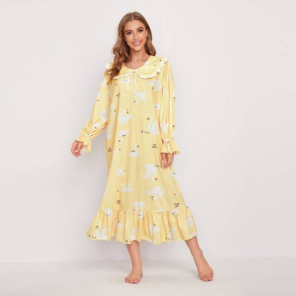 

Peter-pan Collar Ruffle Hem Swan Print Nightdress, Yellow pastel