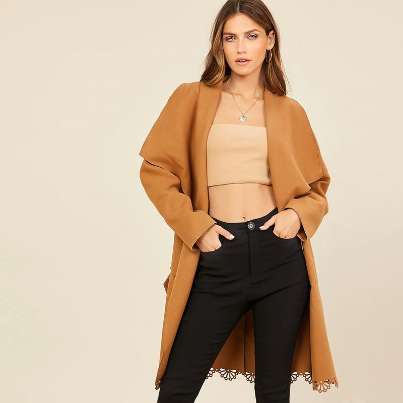 

Laser Cut Scallop Edge Belted Coat, Camel
