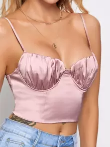 SHEIN Top de tirantes corto de satén de espalda con cordón de busto con fruncido - Rosa vieja - Ver 5