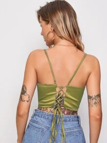 SHEIN Ruched Bust Lace-up Back Satin Crop Cami Top - Olive Green - View 2