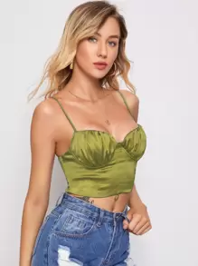 SHEIN Ruched Bust Lace-up Back Satin Crop Cami Top - Olive Green - View 3