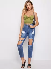 SHEIN Ruched Bust Lace-up Back Satin Crop Cami Top - Olive Green - View 4