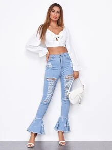 Jeans rotos bajo crudo con lavado ligero - Lavado ligero - Ver 4