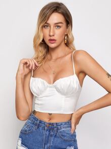 SHEIN BAE Top de tirantes corto de satén de espalda con cordón de busto con fruncido - Blanco - Ver 3