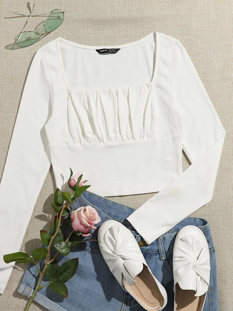 SHEIN Qutie 方形領抽褶胸短版上衣 - 白色 - 查看 1