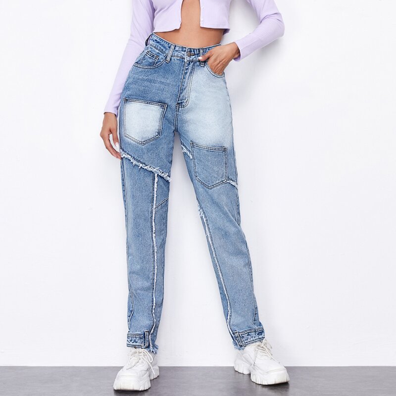 

Raw Trim Patch Pocket Panel Straight Leg Jeans, Light wash