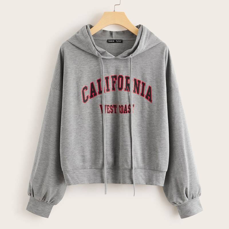 

Drop Shoulder Letter Graphic Drawstring Hoodie, Grey