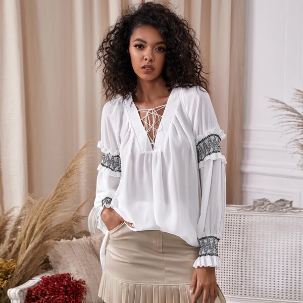 

Frill Trim Shirred Sleeve Lace Up Top, White