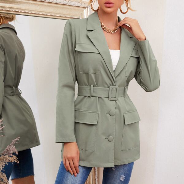 

Flap Pocket Front Belted Blazer, Mint green
