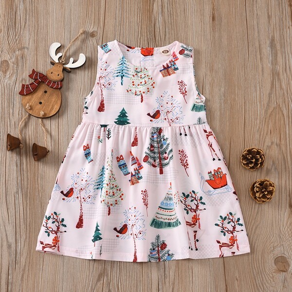 

Toddler Girls Christmas Print Babydoll Dress, Multicolor
