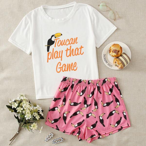 

Parrot And Letter Graphic PJ Set, Multicolor